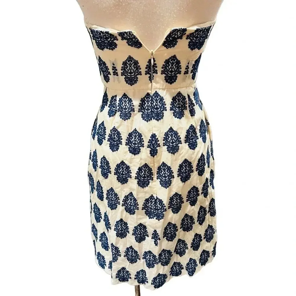 J. CREW FILIGREE-EMBROIDERED-STRAPLESS BEACH DRESS IVORY/BLUE SIZE 2